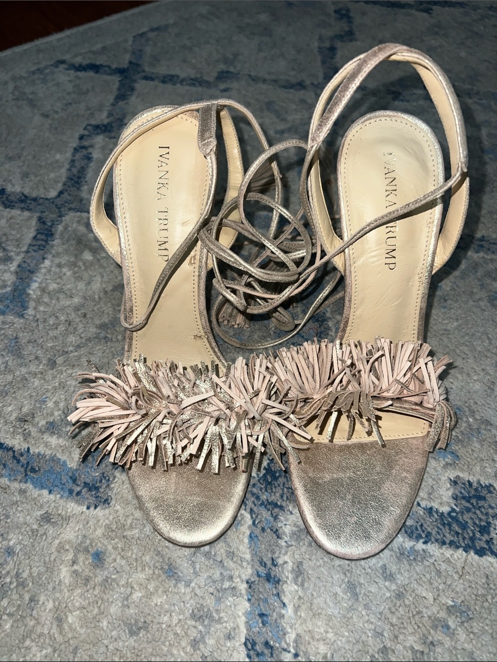 Ivanka Trump Hettie Metallic Gold Fringe Ankle-Tie Heels